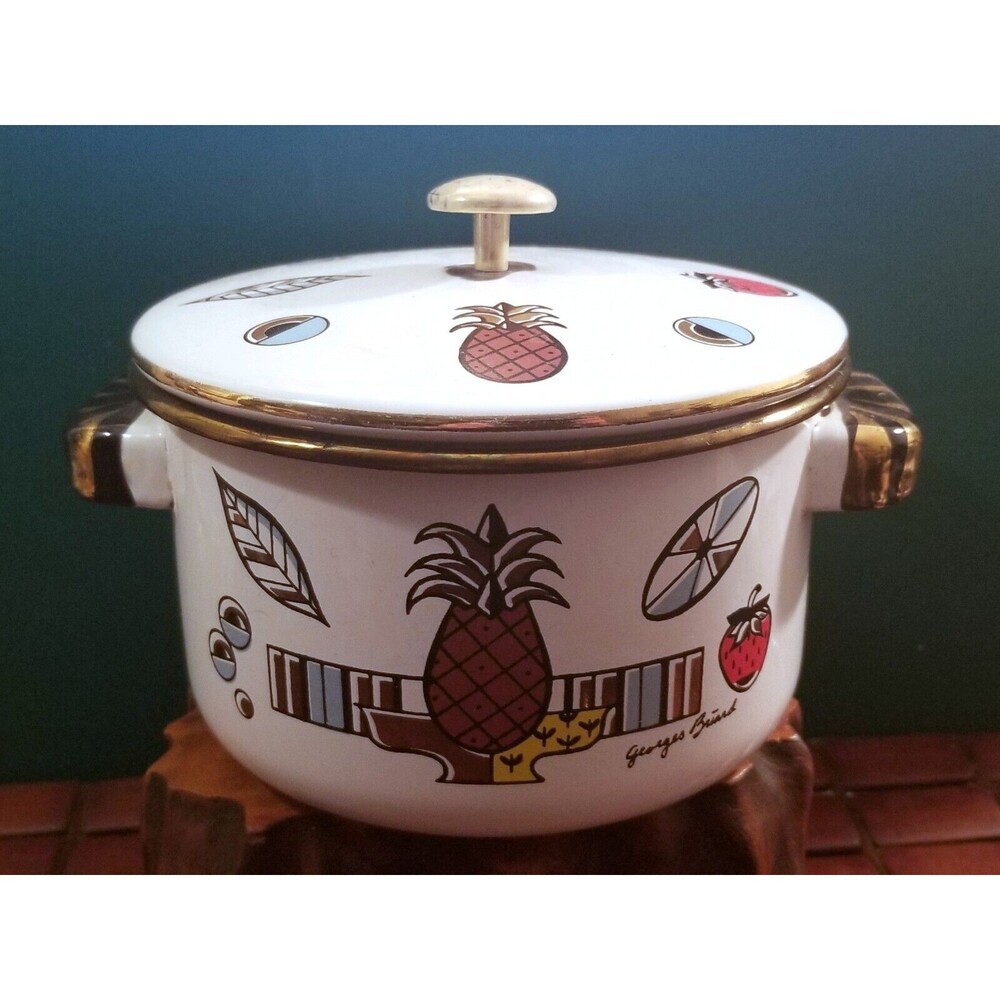 Mid Century Georges Briard Ambrosia Pineapple Porcelain Enamel Kettle & Lid 7"